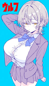 1girl aqua_background arm_at_side arm_up blue_bow blush bow breasts bungeiman_masa buttons closed_mouth collared_shirt cowboy_shot earrings grey_hair grey_jacket hand_on_own_head highres jacket jewelry lapels large_breasts long_sleeves looking_at_viewer medium_hair notched_lapels original pleated_skirt pocket school_uniform shirt simple_background skirt solo white_shirt yellow_eyes