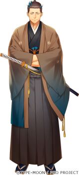 Rule 34 | 1boy, black hair, black kimono, blue hair, blue streaks, brown eyes, brown hakama, brown haori, chonmage, copyright name, crossed arms, fate/grand order, fate (series), full body, hair slicked back, hakama, haori, japanese clothes, katana, katsu kaishuu (fate), kimono, male focus, montsuki, multicolored hair, official art, old, old man, sandals, sheath, sheathed, simple background, solo, standing, streaked hair, suzuki tsuta, sword, tabi, topknot, transparent background, two-tone hair, weapon, wide sleeves, zouri