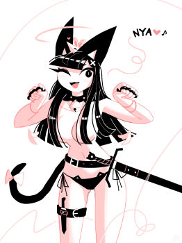 Rule 34 | 1girl, andaerz, animal ears, bell, belt, bikini, bikini bottom only, black bikini, black eyes, black hair, bow, bracelet, brass knuckles, breasts, cat ear bikini, cat ears, cat girl, cat girl (andaerz), cat tail, collar, heart, highres, jewelry, knife, large ears, long hair, medium breasts, mouse (animal), musical note, navel, neck bell, one eye closed, open mouth, original, paw pose, swimsuit, sword, tail, tail bow, tail ornament, thigh strap, topless female, weapon, white background, white bow