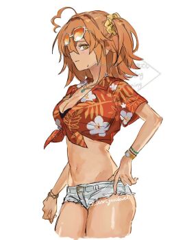 1girl ahoge bracelet breasts cleavage closed_mouth commentary_request cropped_legs cropped_shirt denim denim_shorts embarrassed eyewear_on_head fate/grand_order fate_(series) floral_print front-tie_top fujimaru_ritsuka_(female) grey_shorts groin hair_ornament hair_scrunchie hand_on_own_hip hawaiian_shirt heart highres jewelry looking_at_viewer medium_breasts micro_shorts midriff navel necklace official_alternate_costume one_side_up orange-tinted_eyewear orange_eyes orange_hair orange_shirt print_shirt red_shirt scrunchie shirt short_shorts shorts sideways_glance simple_background small_sweatdrop solo stomach sunglasses tied_shirt tinted_eyewear twitter_username wari_gorilevel watch watermark white_background white_shorts wristwatch yellow_eyes