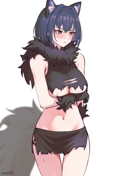 1girl animal_ears black_gloves black_skirt blue_archive blue_eyes blue_hair blush breasts cosplay crop_top embarrassed fur-trimmed_gloves fur_trim gloves hair_intakes highres hololive hololive_english kazusa_(blue_archive) kazusa_(blue_archive)_(cosplay) kazusa_(halloween)_(blue_archive) large_breasts miniskirt navel ouro_kronii skirt solo sumosumo sweat tail traditional_media underboob virtual_youtuber werewolf_costume white_background wolf_ears wolf_tail