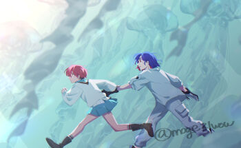 1boy 1girl amate_yuzuriha ankle_socks aqua_shirt aqua_skirt artist_name black_boots black_gloves blue_hair boots colored_inner_hair commentary from_side gloves gundam gundam_gquuuuuux highres holding_another's_wrist jellyfish long_sleeves moge31wow multicolored_hair pants pleated_skirt pulling red_hair running school_uniform shirt short_hair shuji_ito skirt sleeves_rolled_up socks striped_clothes striped_socks sweater symbol-only_commentary twitter_username two-tone_hair watermark white_pants white_shirt white_sweater work_gloves