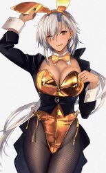 Rule 34 | 1girl, animal ears, black pantyhose, breasts, brown eyes, cleavage, commentary request, cowboy shot, dark-skinned female, dark skin, detached collar, fake animal ears, fishnet pantyhose, fishnets, gold bowtie, gold leotard, hair between eyes, heart, highres, kantai collection, kasumi (skchkko), large breasts, leotard, long hair, long sleeves, musashi (kancolle), one eye closed, pantyhose, partial commentary, playboy bunny, rabbit ears, rimless eyewear, solo, tongue, tongue out, white hair