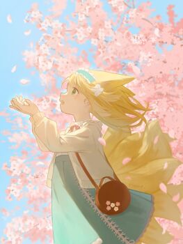 1girl animal_ears arknights bag blonde_hair blue_hairband blue_skirt brown_bag cardigan cherry_blossoms commentary_request cross-laced_clothes cross-laced_skirt extra_ears falling_petals fox_ears fox_girl fox_tail frilled_hairband frills from_side green_eyes hairband highres kitsune kyuubi long_hair long_sleeves motoha multiple_tails neck_ribbon official_alternate_costume open_cardigan open_clothes open_mouth outdoors petals puffy_long_sleeves puffy_sleeves red_ribbon ribbon shoulder_bag skirt solo spring_(season) suzuran_(arknights) suzuran_(spring_praise)_(arknights) tail teeth upper_teeth_only yellow_cardigan