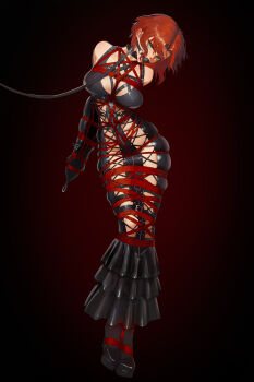 absurdres armbinder arms_behind_back ball_gag bare_shoulders bdsm bondage bound breast_bondage breasts collar collarbone dress elegia frilled_dress frills gag gagged green_eyes high_heels highres large_breasts latex latex_dress leash looking_at_viewer medium_hair orange_hair original restrained shibari shibari_over_clothes skindentation