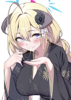 1girl absurdres ahoge akari_(blue_archive) akari_(new_year)_(blue_archive) black_flower black_horns black_kimono black_rose blonde_hair blue_archive blue_eyes blue_halo blush breasts brown_horns cleavage closed_mouth commentary demon_horns floral_print floral_print_kimono flower food food_in_mouth forward-facing_horns hair_between_eyes hair_flower hair_ornament halo highres horns japanese_clothes kimono large_breasts long_hair looking_at_viewer low_twintails mizumok1 mochi mochi_trail multicolored_halo official_alternate_costume pink_pupils print_kimono red_halo rose sexually_suggestive simple_background smile suggestive_fluid sweat sweatdrop twintails two-tone_halo upper_body white_background