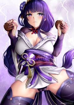 1girl artist_name braid breasts bridal_gauntlets cameltoe commentary_request cowboy_shot genshin_impact hair_ornament highres holding japanese_clothes kimono large_breasts long_hair looking_at_viewer low-braided_long_hair low-tied_long_hair obi oniilus paid_reward_available panties parted_lips patreon_username purple_background purple_eyes purple_hair purple_kimono purple_panties purple_sash purple_shrug purple_thighhighs raiden_shogun sash short_kimono shrug_(clothing) solo thighhighs underwear very_long_hair