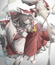Rule 34 | 1girl, :p, absurdres, bow, brown eyes, brown hair, detached sleeves, frilled hair tubes, frilled skirt, frills, gohei, hair bow, hair tubes, hakurei reimu, highres, looking at viewer, nontraditional miko, red bow, red shirt, red skirt, shirt, skirt, sleeveless, sleeveless shirt, solo, tongue, tongue out, touhou, tqg 07, wide sleeves