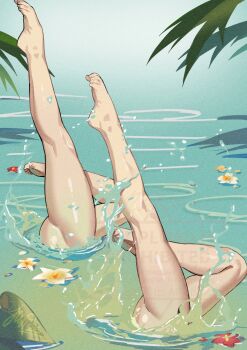 2girls ass bad_tag bare_legs dancing duet feet fire_emblem fire_emblem_fates flower highres lake leaf leg_focus legs legs_up matching_pose multiple_girls nina_(fire_emblem) nintendo ophelia_(fire_emblem) partially_submerged splashing swimming synchronized_swimming upside-down water yusi_vishnu