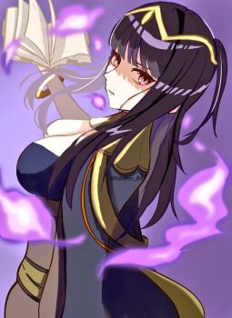 1girl black_hair blunt_bangs bodystocking book bracelet breasts bridal_gauntlets cape circlet cleavage closed_mouth fire_emblem fire_emblem_awakening fuburon_84 holding holding_book jewelry large_breasts long_hair looking_at_viewer magic nintendo purple_eyes solo tharja_(fire_emblem) tiara two_side_up