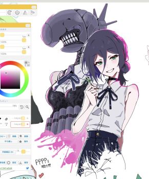 1girl apron art_program_in_frame bare_arms black_apron black_choker black_ribbon bomb_devil_(chainsaw_man) breasts chainsaw_man choker collared_shirt color_picker commentary_request cropped_torso double-parted_bangs dual_persona dynamite explosive flower green_eyes grenade_pin hair_between_eyes hair_bun highres holding holding_flower looking_at_viewer medium_breasts neck_ribbon purple_hair reze_(chainsaw_man) ribbon shirt short_hair single_hair_bun sleeveless sleeveless_shirt smile uni_gyoza white_background white_shirt