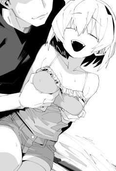 1boy 1girl :d ^_^ black_mouth breasts camisole closed_eyes collarbone commentary_request covered_erect_nipples grabbing_another&#039;s_breast greyscale groping henyaan_(oreizm) highres higurashi_no_naku_koro_ni houjou_satoko knife medium_breasts monochrome open_mouth short_hair shorts simple_background sitting smile sweat teeth thighs upper_teeth_only white_background