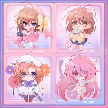 Rule 34 | 4girls, ahoge, animal ears, antenna hair, bandages, blood, blood on face, blue skirt, boots, bow, brown boots, brown eyes, brown hair, cardigan, cat ears, chainsaw, chibi, chibi only, clannad, commentary, crossover, dango, dango daikazoku, dress, ecchibeef, elfen lied, english commentary, flower, food, furukawa nagisa, haruna (korezom), hashitsuki nata, hat, higurashi no naku koro ni, hikarizaka private high school uniform, holding, holding chainsaw, holding weapon, kore wa zombie desu ka?, long hair, looking at viewer, lucy (elfen lied), magical girl, merchandise available, multiple girls, naked bandage, nata (tool), nude, orange hair, pink dress, pink hair, pink hat, pink shoes, purple bow, purple eyes, red eyes, ryuuguu rena, school uniform, shoes, short hair, skirt, smile, television, thighhighs, variant set, very long hair, wagashi, weapon, white dress, white hat, white thighhighs, yellow bow, yellow cardigan