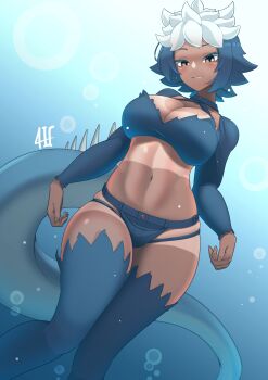 1girl air_bubble alternate_breast_size_(larger) arms_at_sides bikini bikini_shorts blue_hair blush breasts bubble buttons cleavage commentary_request detached_sleeves dutch_angle feet_out_of_frame freediving highres kemono_friends kemono_friends_3 large_breasts lizard_tail long_sleeves long_tail looking_at_viewer marine_iguana_(kemono_friends) multicolored_hair navel orange_eyes parted_lips short_hair shorts skindentation smile solo spiked_tail stomach submerged swimsuit tail tan tanline thighhighs two-tone_hair underwater white_hair yongo_ichifu