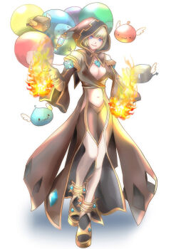 1girl angeling archangeling balloon black_gloves blue_eyes blue_gemstone breasts brown_coat brown_hood cleavage closed_mouth coat commentary_request fire fireball front_slit full_body gem gloves green_hair grey_shirt hood hood_up large_breasts looking_at_viewer marin_(ragnarok_online) navel philippa poring pyrokinesis ragnarok_online sandals shirt short_hair simple_background skeggiold_(ragnarok_online) slime_(creature) smile solo standing suspenders thighhighs warlock_(ragnarok_online) white_background white_thighhighs yellow_sandals