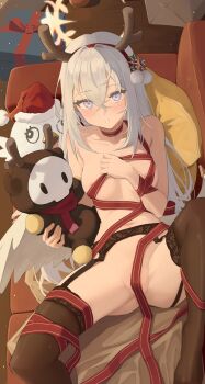 1girl absurdres antlers areola_slip azusa_(blue_archive) black_thighhighs blue_archive blush breasts character_doll commentary couch covered_erect_nipples doll fake_antlers garter_belt garter_straps gluteal_fold gradient_eyes grey_hair groin hair_between_eyes halo highres horns long_hair looking_at_viewer lying multicolored_eyes naked_ribbon navel on_back on_couch parted_lips peroro_(blue_archive) purple_eyes red_ribbon reindeer_antlers ribbon skullman_(blue_archive) small_breasts solo t-hou thighhighs thighs yellow_halo