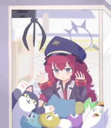 Rule 34 | 1girl, anma21, big brother (blue archive), black jacket, black shirt, blue archive, blue hat, blush, collared shirt, crane game, grey eyes, hair between eyes, halo, hand on glass, hat, highres, indoors, iroha (blue archive), jacket, long hair, long sleeves, necktie, open hands, parted lips, peaked cap, peroro (blue archive), red hair, red necktie, shirt, sleeves past wrists, solo, stuffed animal, stuffed toy, upper body, wavecat (blue archive), wavy hair
