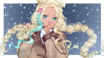 1girl animal_ears animal_hat aqua_eyes aqua_streaks beanie blonde_hair blue_background border braid brown_coat coat commentary_request commission fake_animal_ears fingernails flower hair_flower hair_ornament hands_up hat highres indie_virtual_youtuber long_hair long_sleeves looking_at_viewer mole mole_under_eye mona_meria multicolored_hair nail_polish open_mouth outside_border pink_nails sidelocks skeb_commission snow snowing solo streaked_hair teeth twin_braids upper_body upper_teeth_only white_border xxcaaan yellow_hat