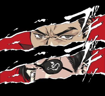 2boys black_hair commentary curtained_hair cut-in english_commentary eye_focus eyelashes eyepatch grey_eyes highres kiryu_kazuma majima_goro male_focus multiple_boys parody persona persona_eyes popped_collar ryuu_ga_gotoku_(series) ryuu_ga_gotoku_1 sideburns sotenborinpc style_parody