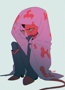 1boy absurdres black_boots black_jacket black_pants blanket blitzo_(helluva_boss) boots chromatic_aberration closed_mouth colored_sclera colored_skin commentary_request demon_boy demon_tail film_grain frown full_body grey_background hellaverse helluva_boss high_heel_boots high_heels highres holding holding_blanket jacket jitome knee_boots knees_up lapels looking_ahead male_focus menma_(enaic31) multicolored_boots notched_lapels pants red_boots red_eyes red_skin red_tail scar_across_eyes signature simple_background sitting solo tail twitter_username two-tone_boots under_covers watermark yellow_sclera