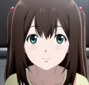 anime_screenshot big_order blush brown_hair closed_mouth facing_viewer green_eyes hair_between_eyes hair_bobbles hair_ornament hoshimiya_sena light_smile long_hair looking_at_viewer low_twintails non-web_source official_art shirt twintails yellow_shirt