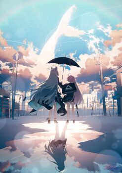 3girls ahoge ammunition_pouch animal_ears aqua_hair arms_behind_back beretta_1301 black_dress black_gloves black_shoes black_skirt blew_andwhite blue_archive blue_halo blue_sky building cetacean_tail cloud cloudy_sky commentary_request different_reflection dress extra_ears facing_away fins fish_tail from_behind gloves grey_hair gun halo high_heels highres holding holding_shield holding_umbrella hoshino_(armed)_(blue_archive) hoshino_(blue_archive) huge_ahoge lens_flare long_hair multiple_girls official_alternate_costume orange_clouds outdoors pink_hair pink_halo plaid_clothes plaid_skirt ponytail pouch power_lines puddle rainbow reflection ring_of_light_(blue_archive) road_sign ruins shield shiroko_terror_(blue_archive) shoes shotgun sign signature skirt sky surreal tail umbrella urban utility_pole vending_machine very_long_hair weapon wolf_ears yellow_halo yume_(blue_archive)