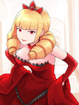 Rule 34 | 1girl, blonde hair, dress, elbow gloves, gloves, highres, red dress, red eyes, rose bernstein, snk, solo, the king of fighters, tuzi717, white background