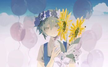 Rule 34 | 1boy, absurdres, alternate eye color, alternate hair color, antenna hair, balloon, bare arms, basil (headspace) (omori), basil (omori), blue overalls, blue sky, bouquet, closed mouth, cloud, collared shirt, day, double-parted bangs, flower, flower wreath, grey eyes, grey hair, grey shirt, hair between eyes, hand up, head tilt, head wreath, highres, holding, holding bouquet, holding flower, looking at viewer, male focus, omori, outdoors, overalls, purple flower, shirt, short hair, short sleeves, sky, smile, solo, straight-on, sunflower, tomomu 0, upper body, white flower