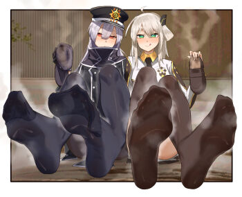 2girls ahoge black_jacket black_necktie black_pantyhose black_shoes blue_hair blush breasts brown_shoes brown_thighhighs closed_mouth dot_mouth embarrassed eyebrows_hidden_by_hair feet flat_chest foot_focus full_body green_eyes hair_between_eyes hat holding holding_shoes holding_unworn_clothes jacket kikimifukuri licking_lips long_hair looking_at_viewer medium_breasts medium_hair military_hat military_jacket multiple_girls naughty_face necktie onsen pantyhose presenting_foot red_eyes shoes sitting sky_striker_ace_-_raye sky_striker_ace_-_roze smell smile soles steam steaming_body sweaty_clothes thighhighs tongue tongue_out unworn_shoes white_hair white_jacket yu-gi-oh!
