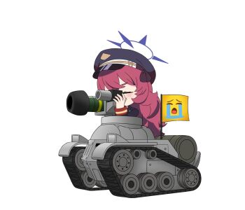 1girl absurdres black_jacket blue_archive command_&amp;_conquer crying_emoji emoji fgm-148_javelin flag flag_on_vehicle hat highres iroha_(blue_archive) jacket long_hair long_sleeves man-portable_anti-tank_systems meme military military_hat military_uniform military_vehicle missile_launcher motor_vehicle msa_major pink_hair precision-guided_firearm science_fiction smile solo tank uohhhhhhhhh!_(meme) vehicle_focus white_background