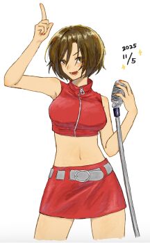 1girl absurdres arm_up belt brown_eyes brown_hair commentary_request crop_top cropped_legs dated highres looking_at_viewer meiko_(vocaloid) microphone microphone_stand midriff nail_polish navel open_mouth pointing pointing_up shirt short_hair skirt sleeveless sleeveless_shirt smile solo user_efwz2785 vocaloid zipper