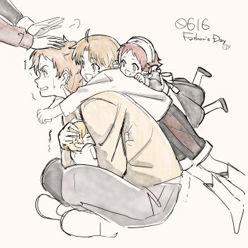 Rule 34 | 2boys, 4girls, ahoge, aisha greyrat, baby, black dress, black footwear, blonde hair, brown hair, carrying, dated, dress, family, father's day, full body, grey pants, grin, headpat, highres, hug, hug from behind, lillia greyrat, maid, maid headdress, multiple boys, multiple girls, mushoku tensei, norn greyrat, out of frame, pants, partially colored, paul greyrat, piggyback, red hair, rudeus greyrat, saitou yoshiko, shirt, shoes, simple background, sketch, smile, sneakers, sweatdrop, trembling, white background, white shirt, zenith greyrat