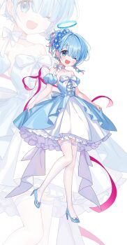 1girl ;d absurdres arona_(blue_archive) b_soyo1 bare_shoulders blue_archive blue_dress blue_eyes blue_hair blue_halo blue_shoes blue_sleeves blunt_bangs blush bow bow_choker braid choker commentary detached_sleeves dress flower frilled_dress frills full_body hair_flower hair_ornament halo high_heels highres looking_at_viewer multicolored_hair one_eye_closed open_mouth pink_hair shoes short_hair short_sleeves simple_background single_braid smile solo standing strapless strapless_dress thighhighs two-tone_hair white_background white_choker white_thighhighs