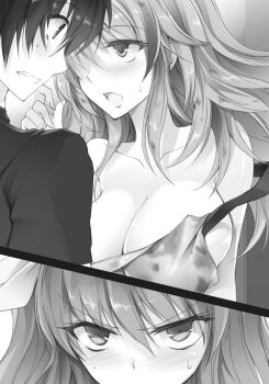 1boy 2girls apron blush bow breasts cleavage collarbone floating_hair greyscale grin hair_bow hair_over_one_eye highres kurogane_ikki large_breasts long_hair monochrome multiple_girls naked_apron novel_illustration off_shoulder official_art rakudai_kishi_no_cavalry sideboob smile split_screen stella_vermillion sweatdrop v-shaped_eyebrows won_(az_hybrid)