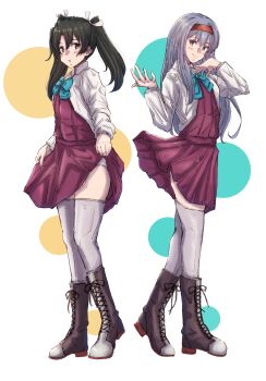 2girls aqua_bow aqua_bowtie ass blush boots bow bowtie brown_eyes closed_mouth cosplay dress full_body green_eyes green_hair grey_hair grey_thighhighs hair_between_eyes hair_ribbon headband highres kantai_collection lace-up_boots ld_(luna_dial398) long_hair long_sleeves multiple_girls open_mouth pleated_dress purple_dress red_headband ribbon shoukaku_(kancolle) smile thighhighs twintails white_ribbon yuugumo_(kancolle) yuugumo_(kancolle)_(cosplay) zuikaku_(kancolle)