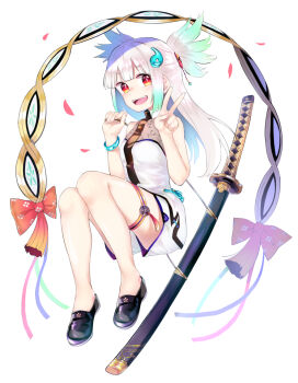 1girl anarogumaaa aqua_hair bare_shoulders black_footwear bow bracelet falling_petals hair_flaps hair_ornament highres holding holding_string jewelry katana long_hair looking_at_viewer magatama magatama_hair_ornament midair multicolored_hair open_mouth orange_bow petals red_eyes sheath sheathed shirt shorts sidelocks simple_background sleeveless sleeveless_shirt solo string sword tassel tenka_hyakken thigh_strap tsuda_echizen-no-kami_sukehiro two-tone_hair v weapon white_hair white_shirt white_shorts
