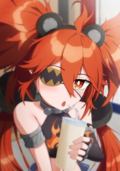 1girl ahoge animal_ears bare_shoulders bear_ears black_gloves breasts crop_top eyepatch fake_animal_ears fingerless_gloves gloves hair_between_eyes hair_ornament highres holding hotarub koleda_belobog long_hair looking_at_viewer open_mouth red_eyes red_hair solo sphere_hair_ornament twintails zenless_zone_zero