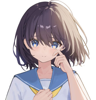 Rule 34 | 1girl, black hair, blue eyes, blue sailor collar, bomberca309, commentary request, hair between eyes, hand on own chest, hands up, highres, looking at viewer, neckerchief, original, portrait, sailor collar, shirt, short hair, sidelighting, solo, straight-on, teardrop, tears, white background, white shirt, wiping tears, yellow neckerchief