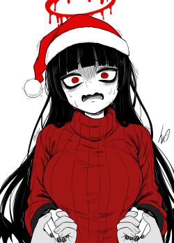 1girl 1other @_@ absurdres blood blood_halo blue_archive breasts commentary english_commentary greyscale halo hand_grab hat highres large_breasts liquid_halo long_hair lughost monochrome open_mouth pov pov_hands red_hat red_sweater ribbed_sweater santa_hat signature spot_color sweat sweater trembling tsurugi_(blue_archive) turtleneck turtleneck_sweater very_long_hair wavy_mouth