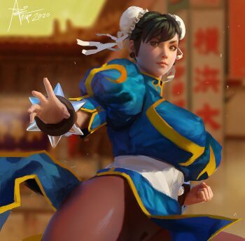 1girl artnip black_hair blue_dress bracelet breasts brown_eyes brown_pantyhose capcom china_dress chinese_clothes chun-li clenched_hand covered_erect_nipples double_bun dress earrings female_pubic_hair fighting_stance hair_bun huge_breasts jewelry lips no_panties nose pantyhose pelvic_curtain pubic_hair pubic_hair_peek puffy_short_sleeves puffy_sleeves sash short_hair short_sleeves solo spiked_bracelet spikes street_fighter thick_eyebrows thick_thighs thighs