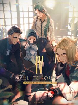 2boys 2girls absurdres artist_name black_gloves black_hair black_jacket black_necktie black_pants blonde_hair buttons closed_mouth collared_shirt commentary_request copyright_name english_text gloves hassel_(pokemon) highres holding holding_poke_ball indoors jacket larry_(pokemon) moge-hera multiple_boys multiple_girls necktie nintendo pants poke_ball poke_ball_(basic) pokemon pokemon_scarlet_and_violet poppy_(pokemon) reverse_trap rika_(pokemon) shirt short_hair sitting smile sunlight suspenders