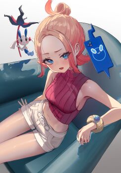 1girl absurdres bare_shoulders blue_eyes bracelet breasts copyright_request couch floette floette_(eternal) gen_4_pokemon gen_6_pokemon hair_bun highres holding holding_poke_ball jewelry kerno looking_at_viewer midriff navel nintendo orange_hair poke_ball pokemon pokemon_(creature) pokemon_legends:_z-a rotom rotom_phone short_hair shorts sideboob sidelocks simple_background sitting sleeveless solo taunie_(pokemon) thighs white_background