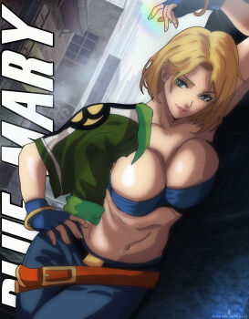 1girl arm_behind_head armpits artist_name blonde_hair blue_eyes blue_mary breast_press breasts cleavage denim fatal_fury fingerless_gloves gloves half-closed_eyes hand_on_own_hip highres jacket jeans large_breasts legs looking_at_viewer lying midriff navel on_side open_clothes open_jacket pants parted_lips pink_lips raydash30 seductive_gaze seductive_smile short_hair smile snk solo strapless sweat teeth the_king_of_fighters thighs toned tube_top