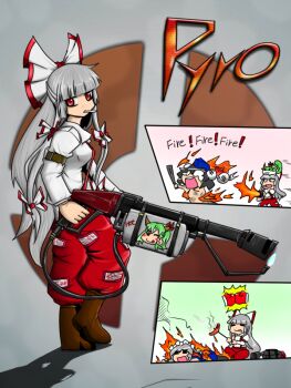 Rule 34 | 3girls, :3, bloodycat, bow, boxing gloves, chibi, cigarette, comic, ex-keine, female focus, fire, flamethrower, food, fujiwara no mokou, hair bow, hat, holding flamethrower, holding weapon, horn ornament, horn ribbon, horns, hot dog, izayoi sakuya, kamishirasawa keine, long hair, multiple girls, one eye closed, pyro (tf2), ribbon, sausage, scout (tf2), shameimaru aya, silver hair, spy (tf2), sukusuku hakutaku, suspenders, team fortress 2, tokin hat, touhou, v, weapon, wink