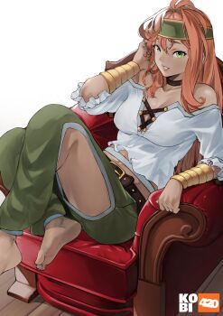 1girl absurdres artist_logo artist_name bare_shoulders barefoot belt bracer breasts brown_belt chain chair character_request check_character cleavage cleavage_cutout clothing_cutout collarbone commentary commission crossed_ankles english_commentary feet foot_out_of_frame forehead_protector green_eyes green_pants hair_between_eyes hand_in_own_hair highres knees_up kobi420 lips logo long_hair looking_at_viewer medium_breasts midriff nose on_chair orange_hair original pants parted_lips shirt sidelocks simple_background sitting solo teeth thigh_cutout white_background white_shirt wooden_floor