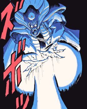 Rule 34 | 1boy, black background, blue cape, blue helmet, blue robe, blue skin, cape, colored skin, dragon quest, dragon quest iii, energy beam, fake horns, fangs, fingernails, helmet, horned helmet, horns, jewelry, limited palette, looking down, necklace, open mouth, red eyes, robe, sharp fingernails, skull necklace, sound effects, tcgf 04, third eye, zoma