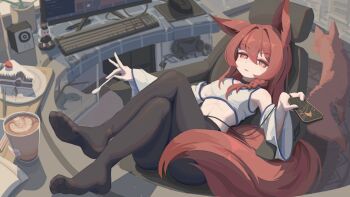 1girl absurdres animal_ears arm_rest bare_shoulders black_choker black_pantyhose braid bright_pupils cellphone chair character_figure charging_device choker commentary computer computer_keyboard computer_mouse convenient_censoring crop_top crossed_legs detached_sleeves feet_up flat_chest fox fox_ears fox_girl fox_shadow_puppet gaming_chair highres holding holding_phone holding_spoon hushou896792 indoors long_hair lying monitor mousepad_(object) on_back original pantyhose phone plant plate potted_plant red_eyes red_fur red_hair shadow single_braid smartphone spoon stomach swivel_chair symbol-only_commentary tail_censor tea white_pupils wide_sleeves