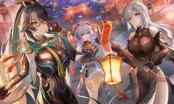 3girls absurdres ahoge bare_shoulders black_dress black_gloves black_hair blue_dress blue_eyes blue_hair breasts cloud_retainer_(genshin_impact) colored_inner_hair detached_sleeves dress earrings ganyu_(genshin_impact) ganyu_(twilight_blossom)_(genshin_impact) genshin_impact glasses gloves goat_horns green_hair grey_hair hair_ornament highres horns jewelry large_breasts long_hair long_sleeves looking_at_viewer multicolored_hair multiple_girls official_alternate_costume purple_eyes red-framed_eyewear semi-rimless_eyewear shenhe_(frostflower_dew)_(genshin_impact) shenhe_(genshin_impact) sleeveless smile standing tassel tassel_earrings thighs tongyu two-tone_hair very_long_hair white_hair xianyun_(genshin_impact)