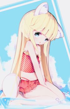 1girl absurdres animal_ears bemani bikini blonde_hair blue_eyes blush bow frilled_bikini frills gradient_bow highres hime_cut long_hair open_mouth polka_dot polka_dot_bikini ribbon simple_background smile sobani_sakurako solo sound_voltex straight_hair swimsuit very_long_hair vonvondx