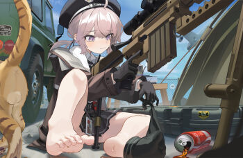 1girl barefoot beret black_gloves black_hat black_skirt black_socks blue_sky blush bolt_action brown_hair brown_jacket can car cat cat_testicles chain-link_fence cheyanne_(girls'_frontline_2) cheytac_m200 chinese_commentary coca-cola collared_shirt commentary_request drink_can feet fence girls'_frontline girls'_frontline_2:_exilium gloves gun haohaomaster hat highres jacket m200_(girls'_frontline) motor_vehicle no_shoes pleated_skirt purple_eyes removing_sock rifle shirt skirt sky sniper_rifle socks soda_can soles tent toenails toes trigger_discipline weapon weapon_case wet white_shirt